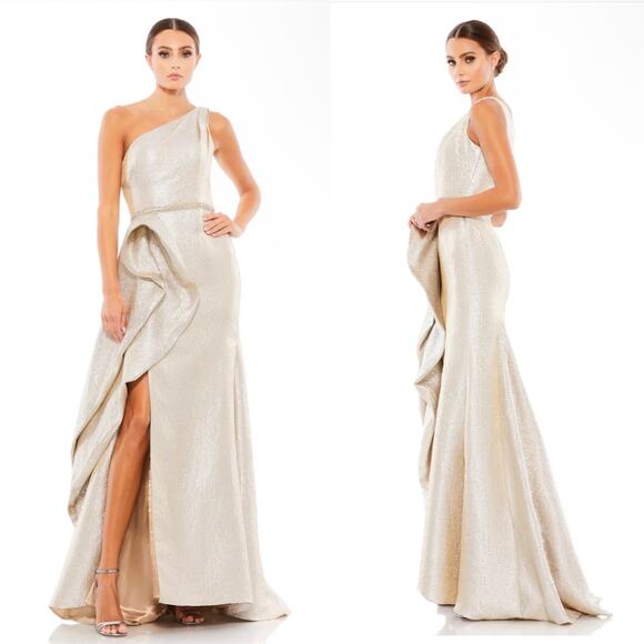 Mac Duggal One Shoulder Metallic Ruffled Evening Gown Oyster Size 4 NWT 66975 - Picture 1 of 9